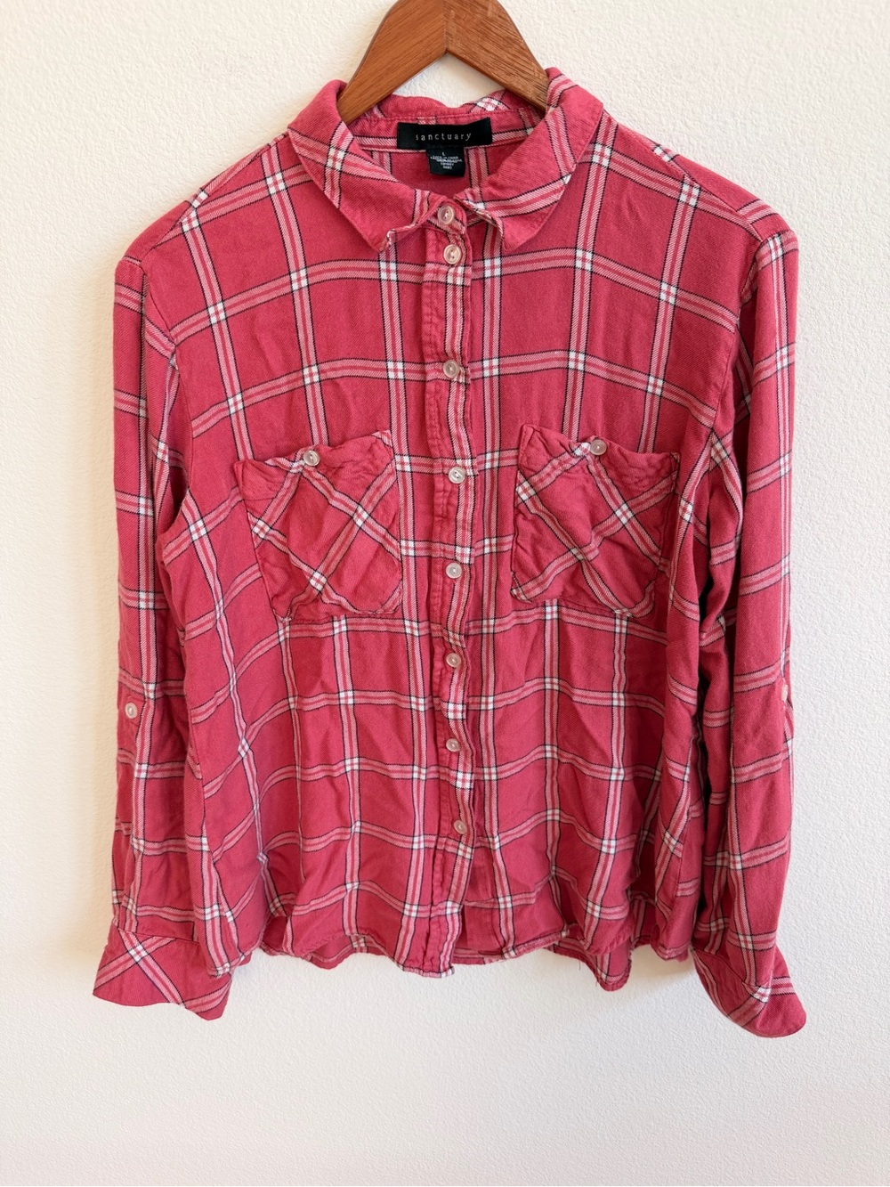Sanctuary Woman’s Red Plaid Button-Down Shirt-Size L